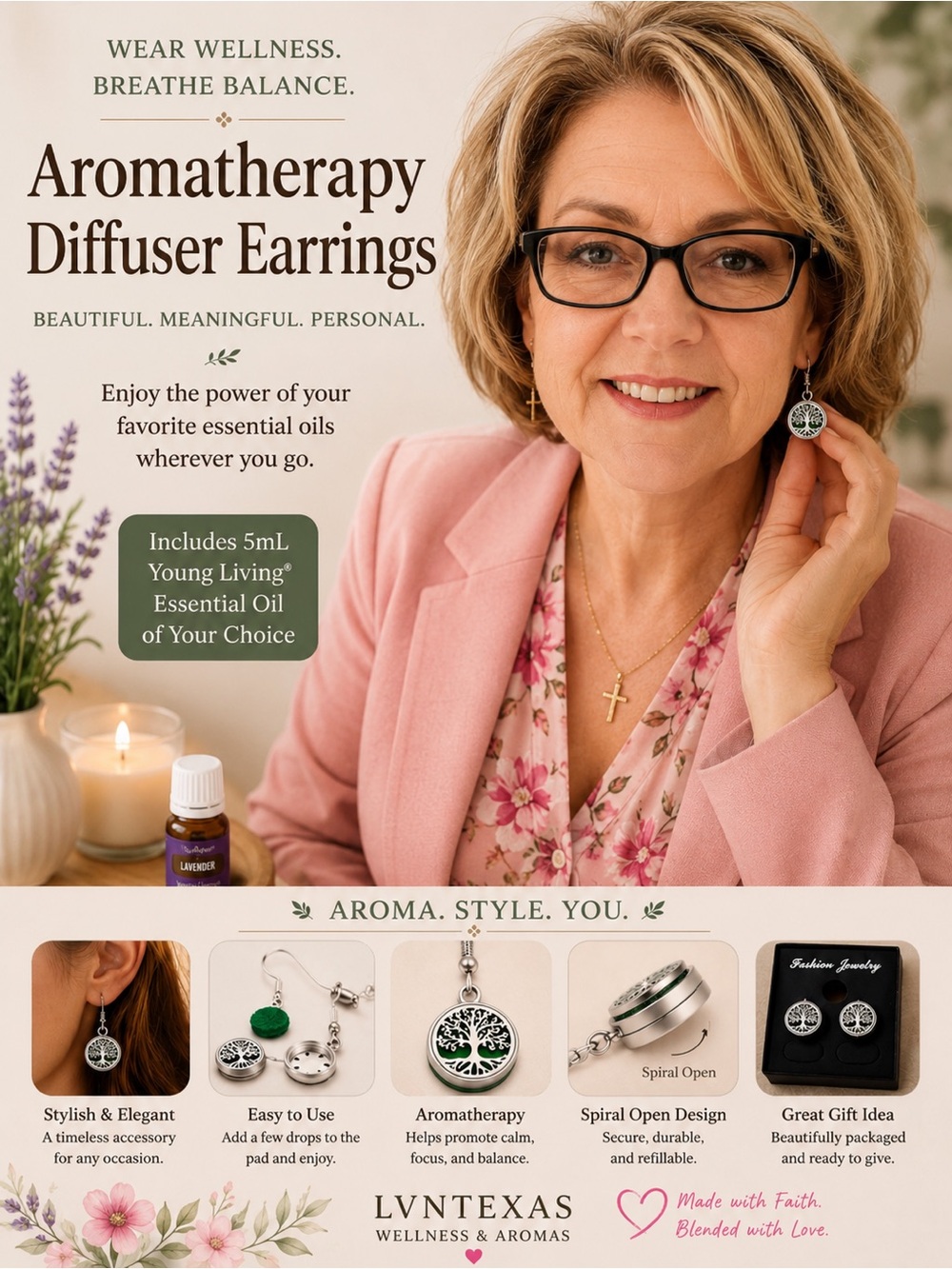 NWT Aromatherapy Diffuser Earrings | 5mL Custom Bottle of Young Living Included